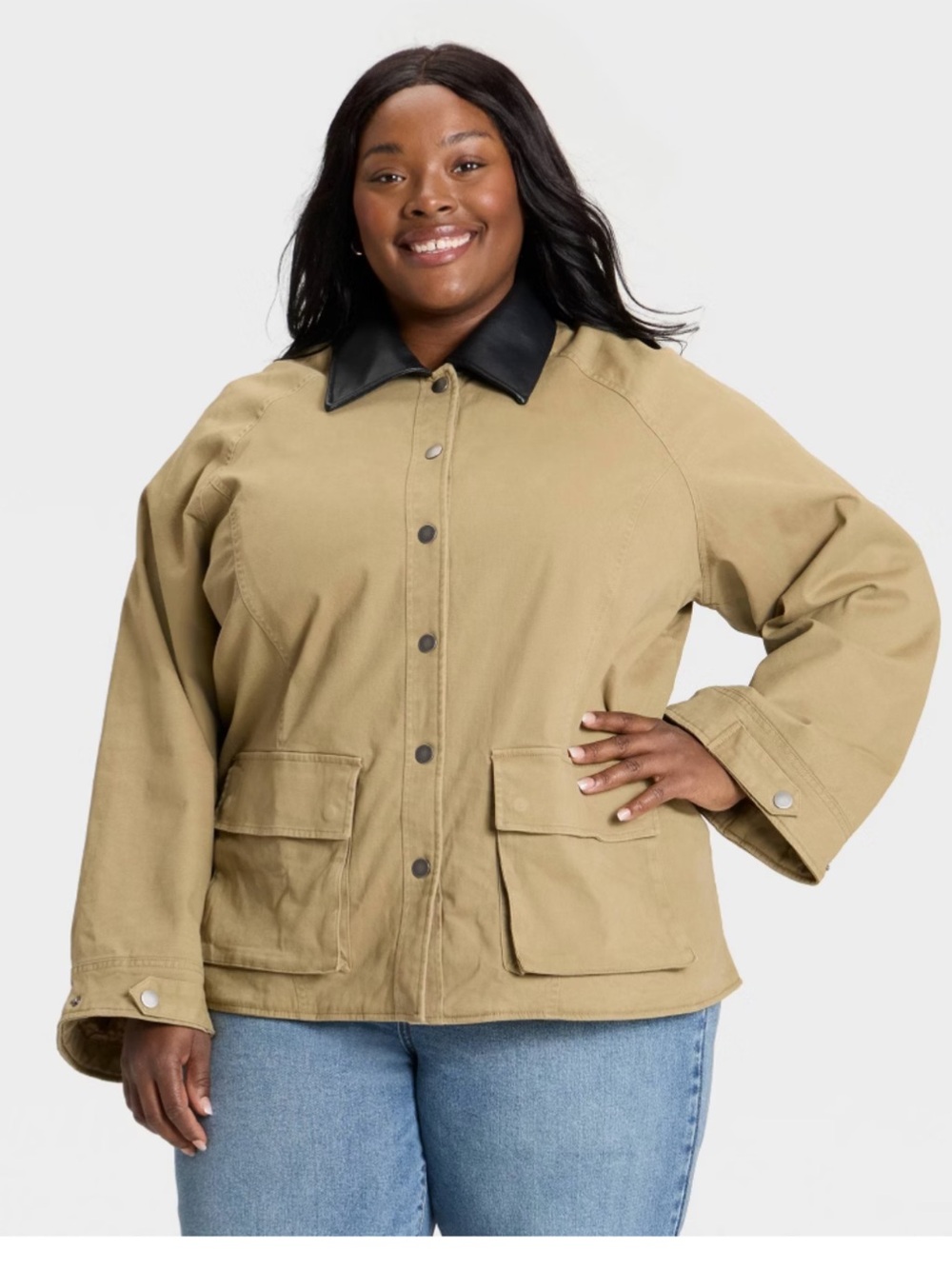 Ava & Viv Tan field Utility Jacket with Black faux leather Collar